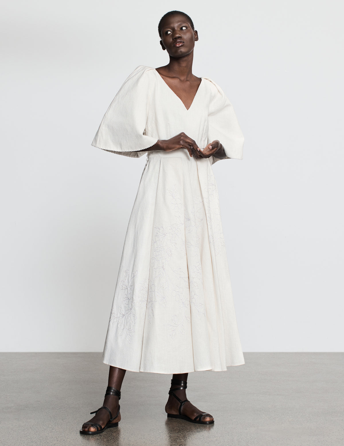 Off White Khadi Cotton Bell Sleeve Embellished Dress
