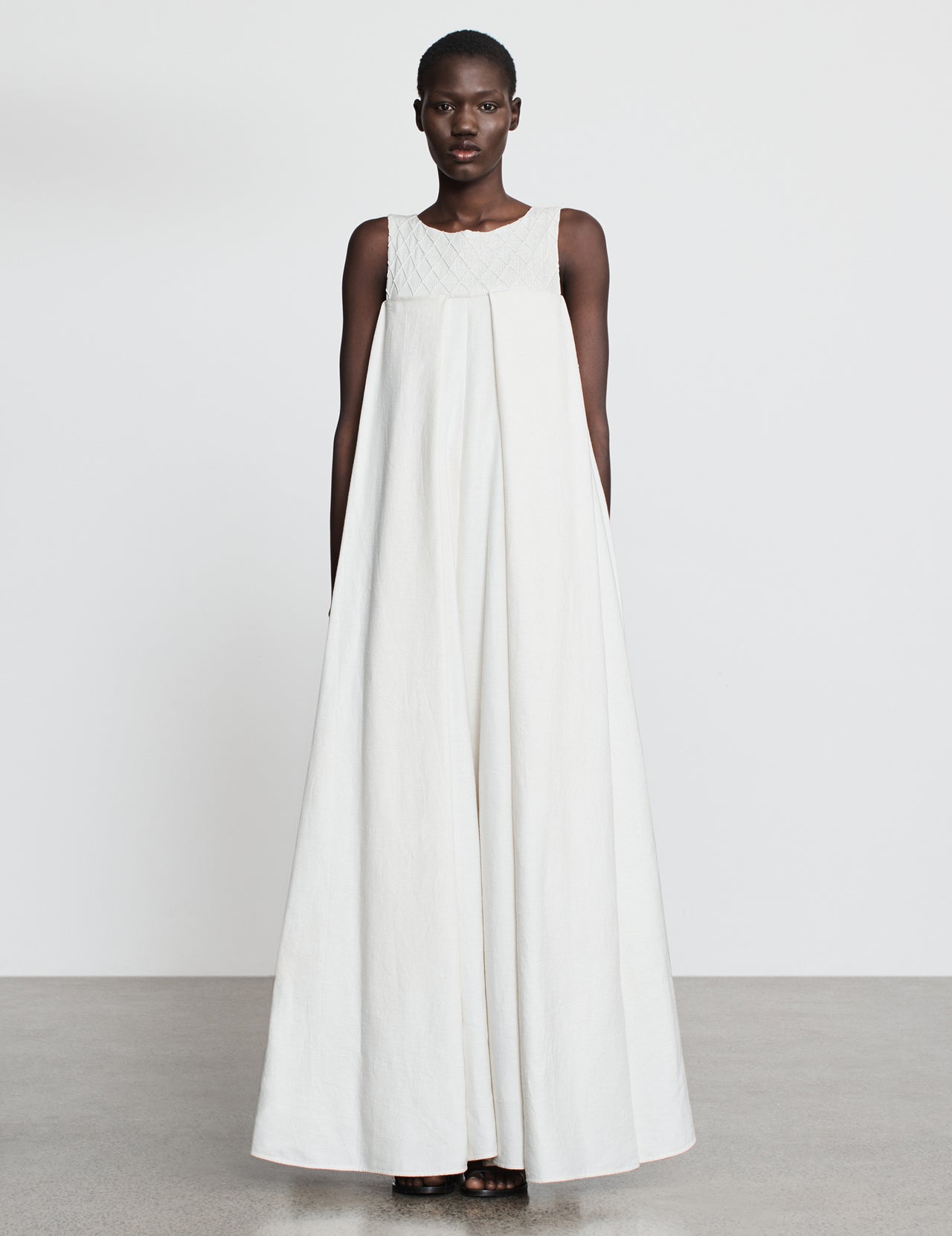  Off White Khadi Cotton Pleated Column Maxi Dress | Varana 