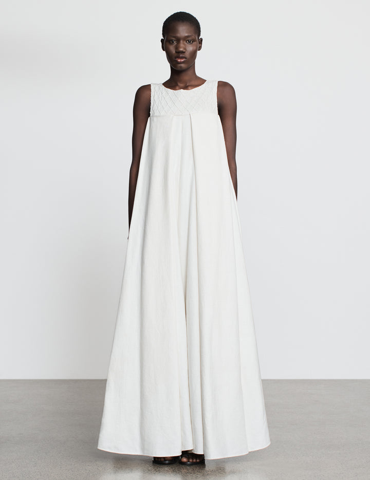 Off White Khadi Cotton Pleated Column Maxi Dress