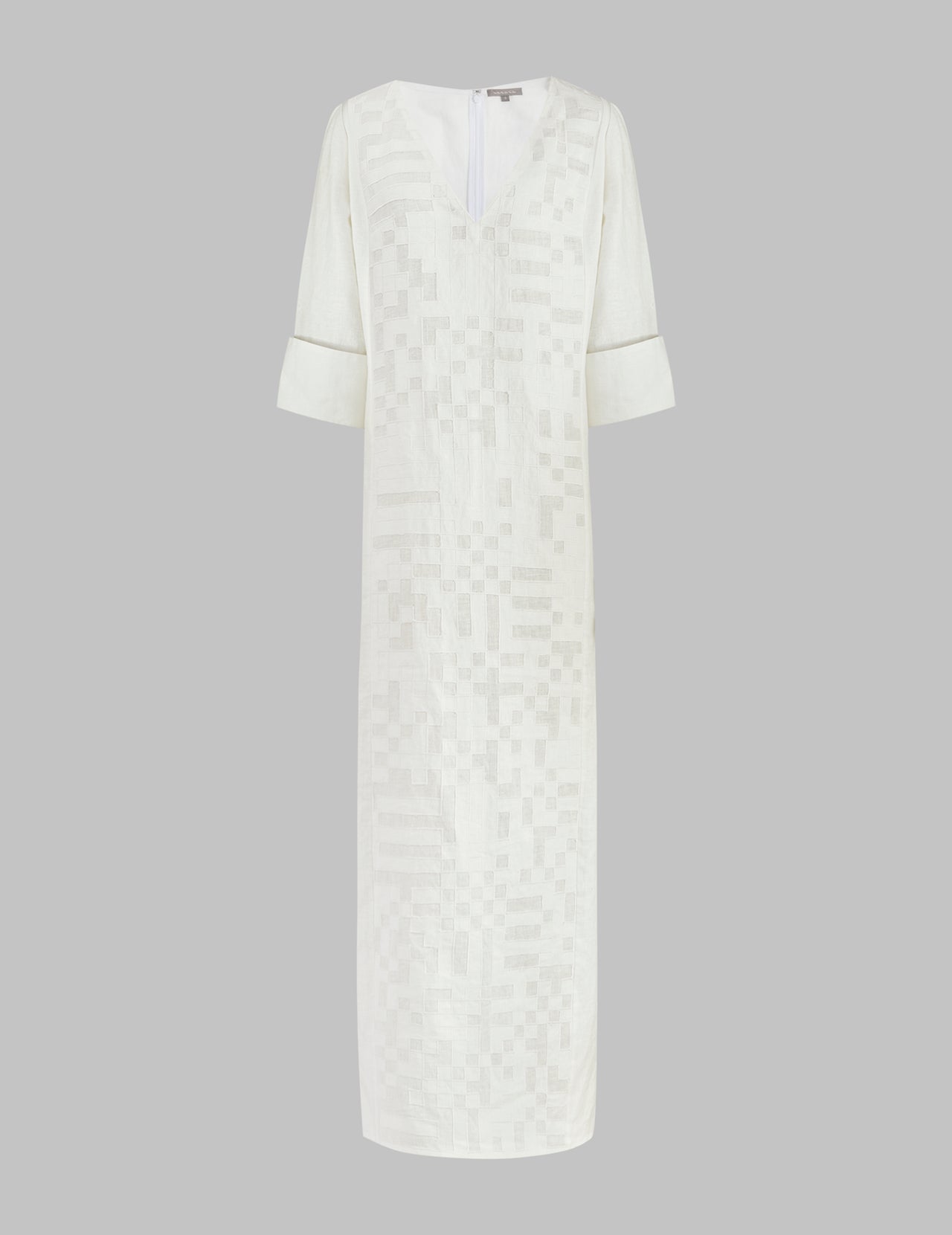  Off White Linen Maxi Dress with Jami Hand Cut Appliqué | Varana 