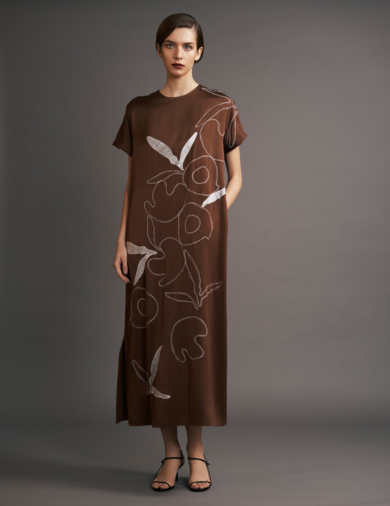  Brown Silk Satin Hand Embroidered Maxi Dress 