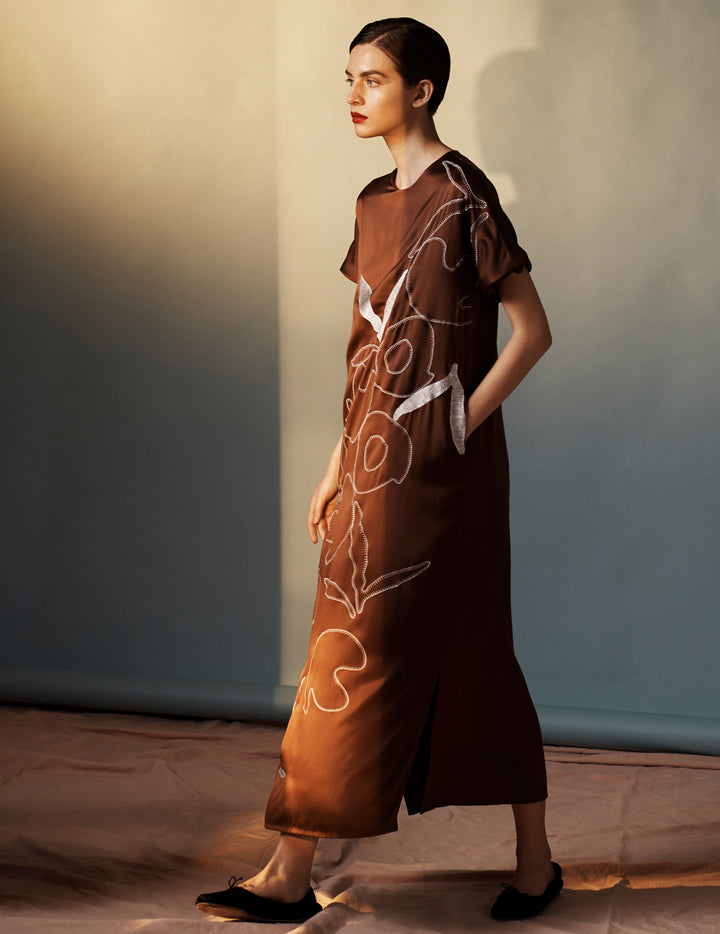 Brown Silk Satin Hand Embroidered Maxi Dress