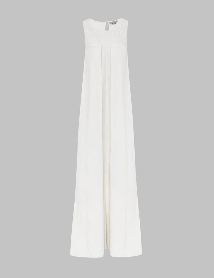 Off White Khadi Cotton Pleated Column Maxi Dress