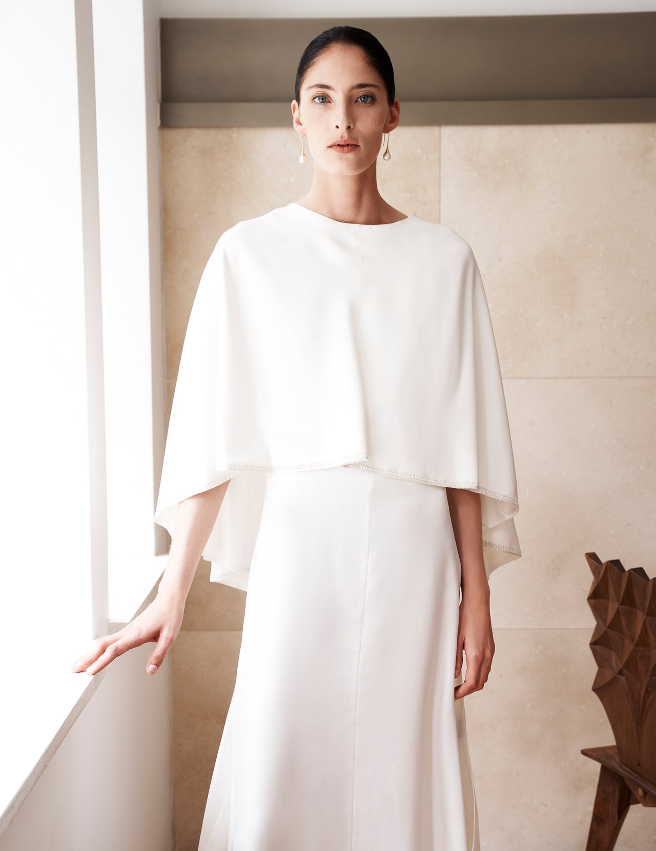  White Silk Embroidery Cape Maxi Dress | Varana 
