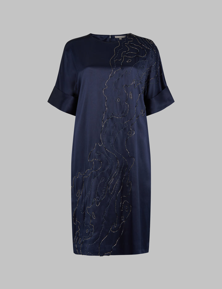 Navy Silk Satin Embellished Dress