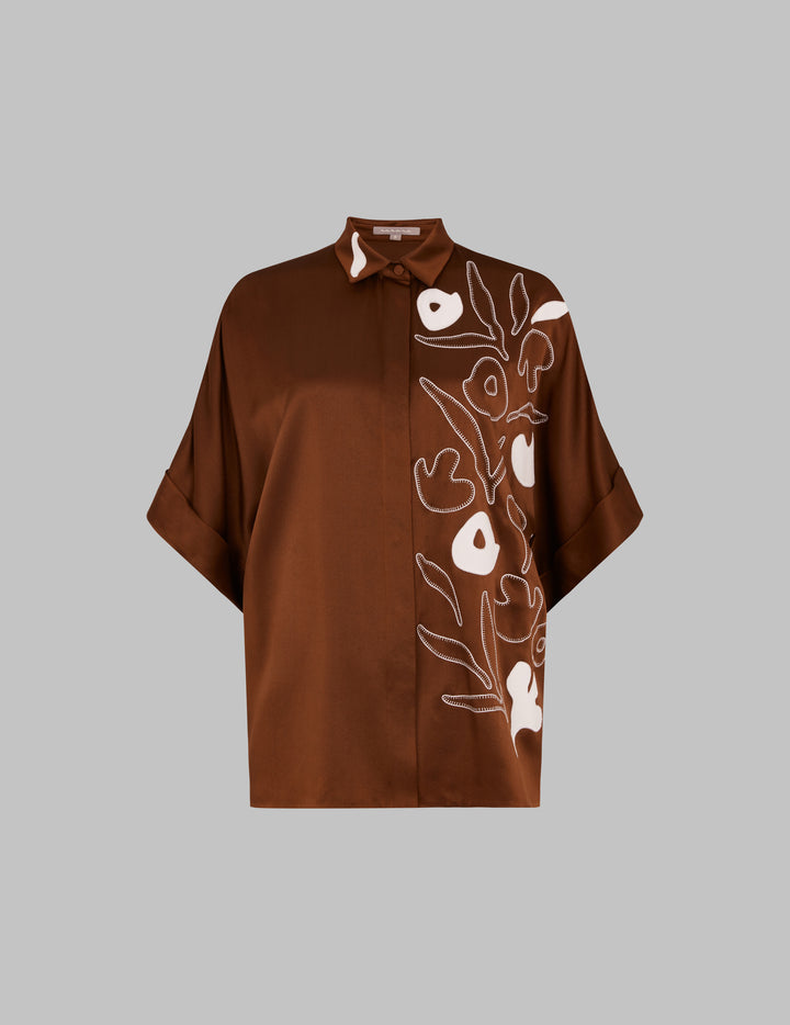 Russet Brown Silk Satin Embroidered Kimono Shirt