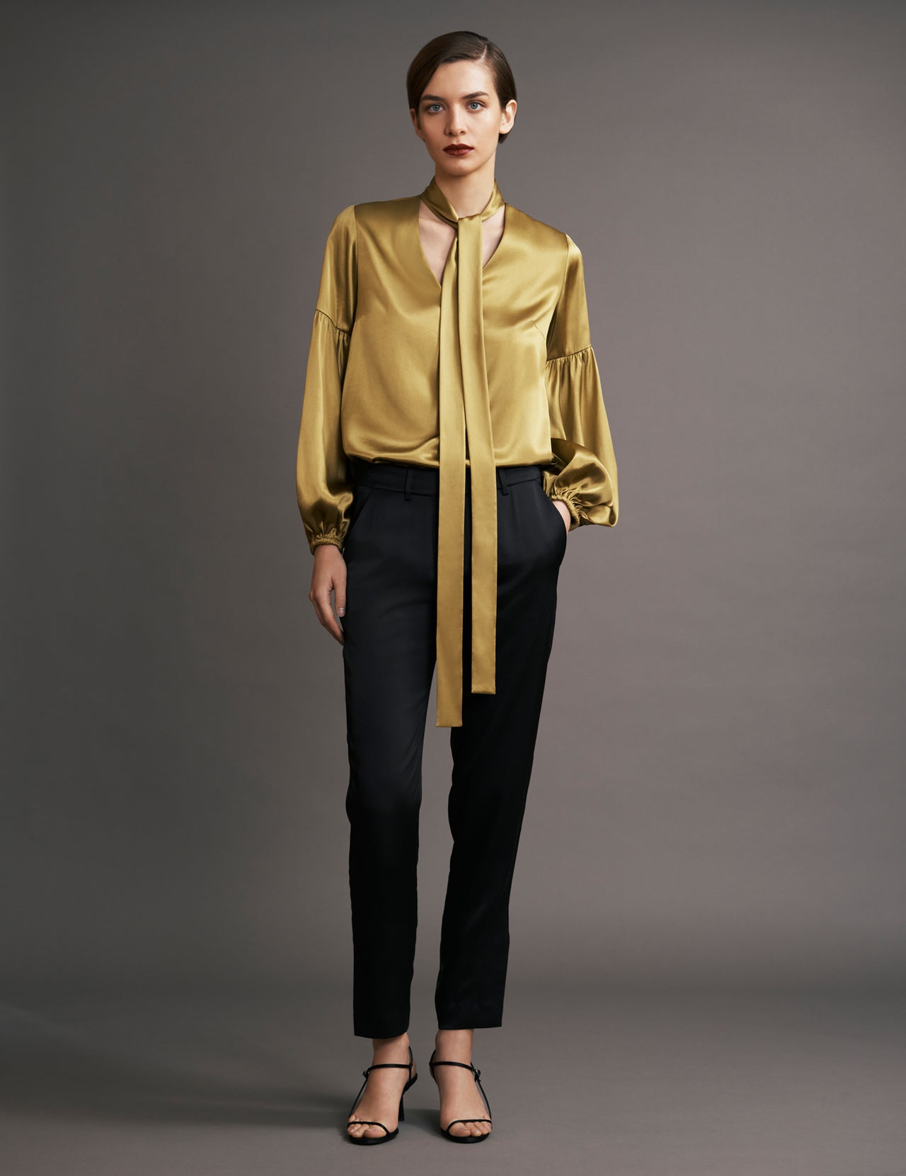  Chartreuse Silk Satin Kelly Blouse With Neck Tie 