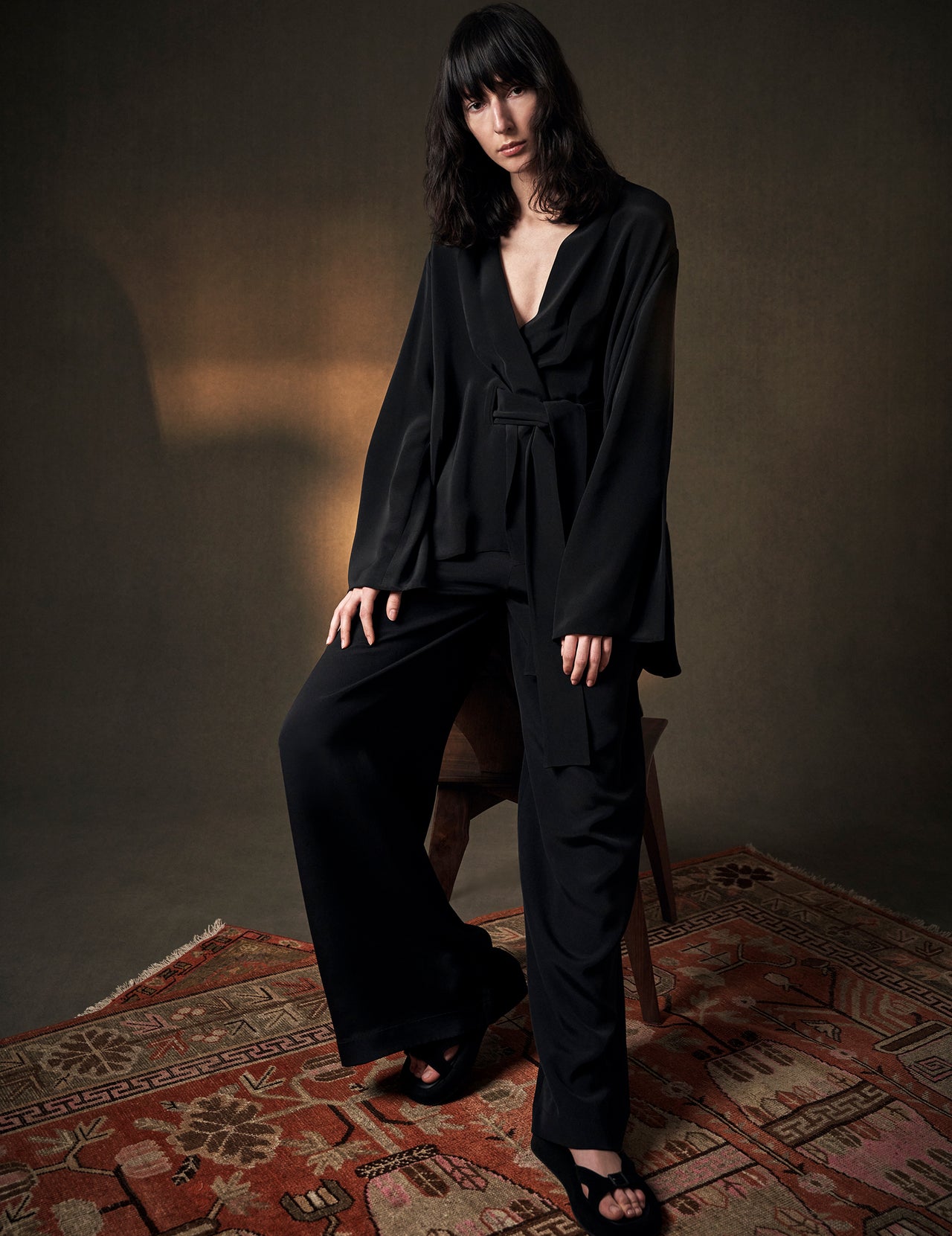  Black Embroidered Silk Crepe Kimono Jacket | Varana 
