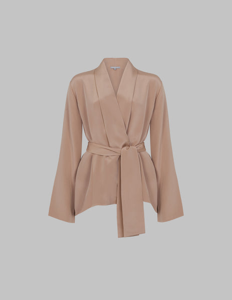 Sand Silk Crepe Kimono Jacket With Belt