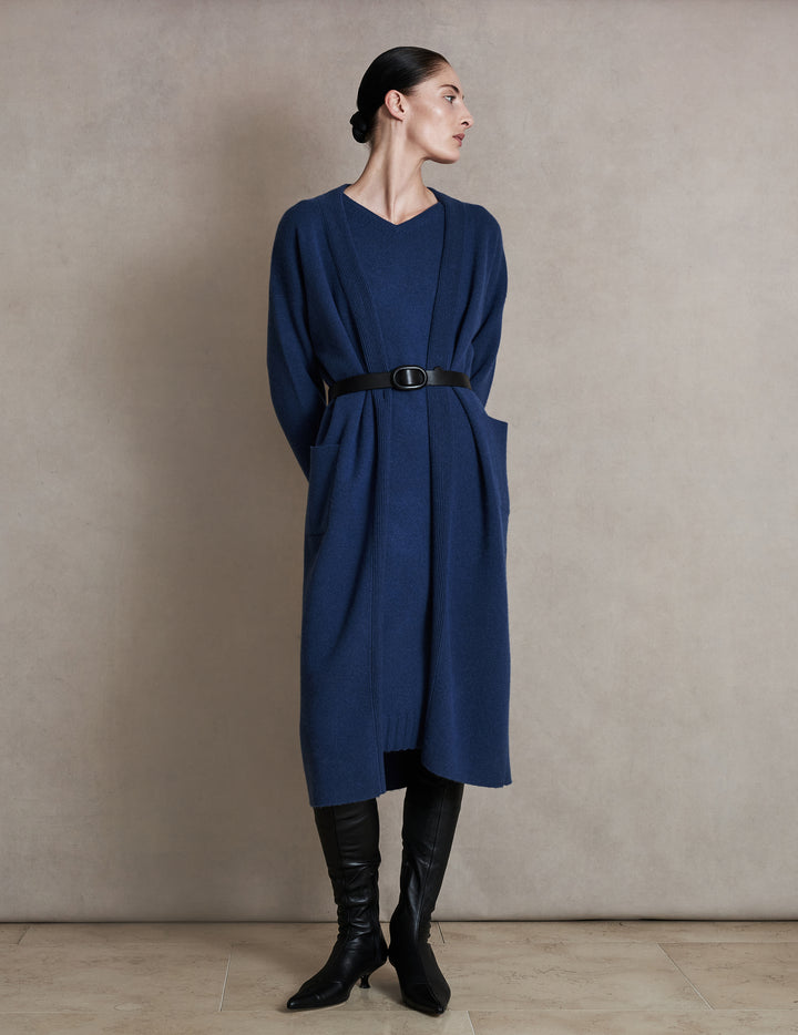 Prussian Blue Long Open Front Cashmere Cardigan