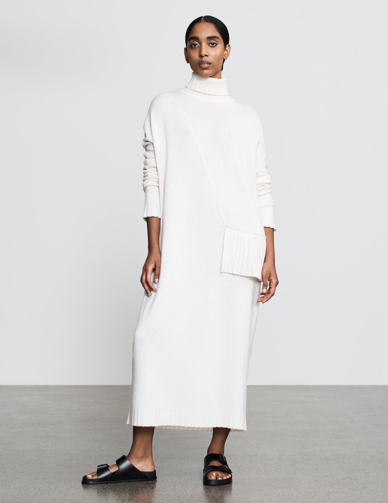  Chalk Roll Neck Pleated Cashmere Dress 