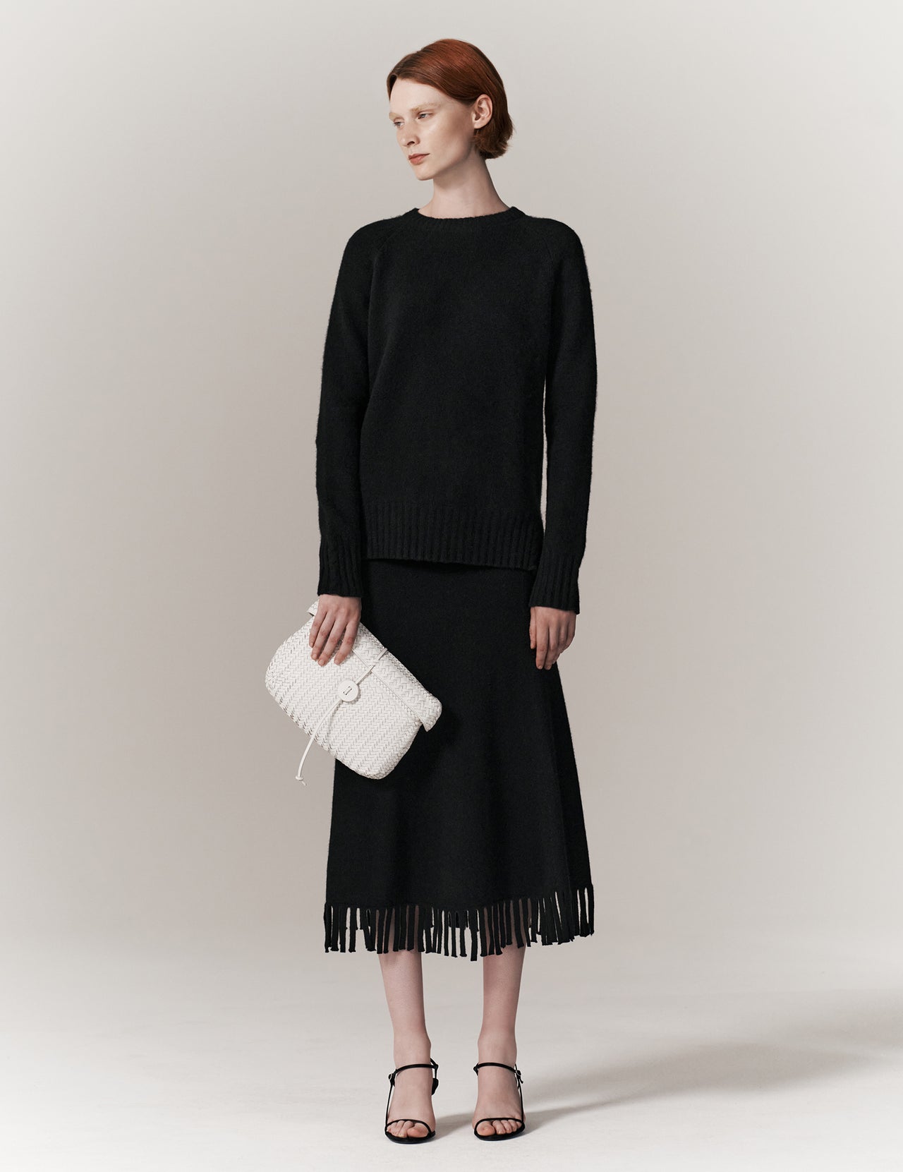  Black Fringed Cashmere Midi Skirt 