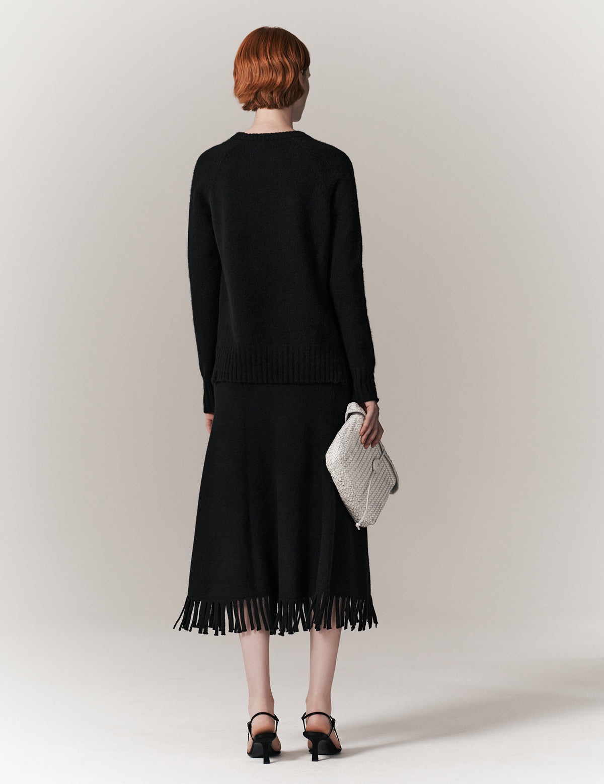 Black Fringed Cashmere Midi Skirt