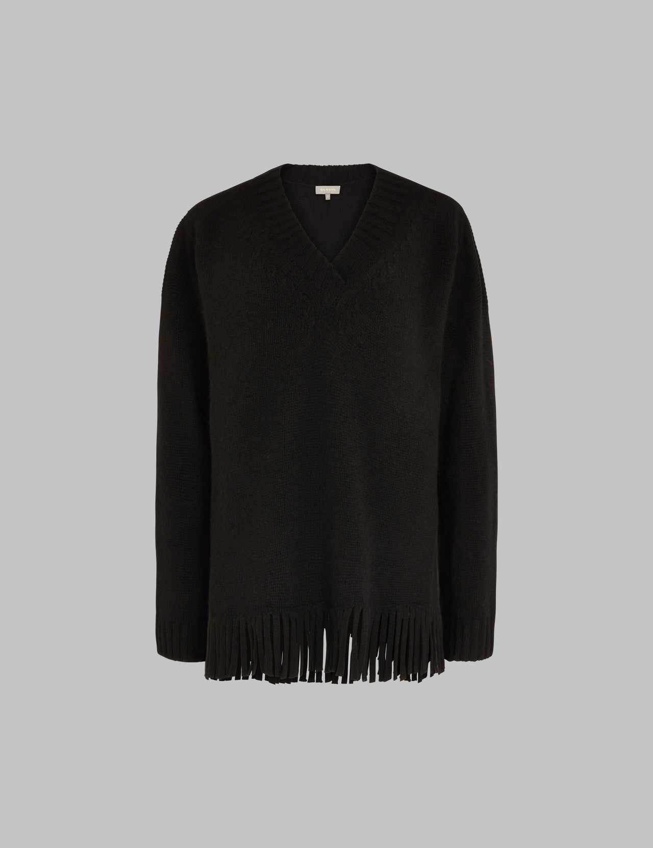  Black V Neck Fringed Cashmere Sweater | Varana 