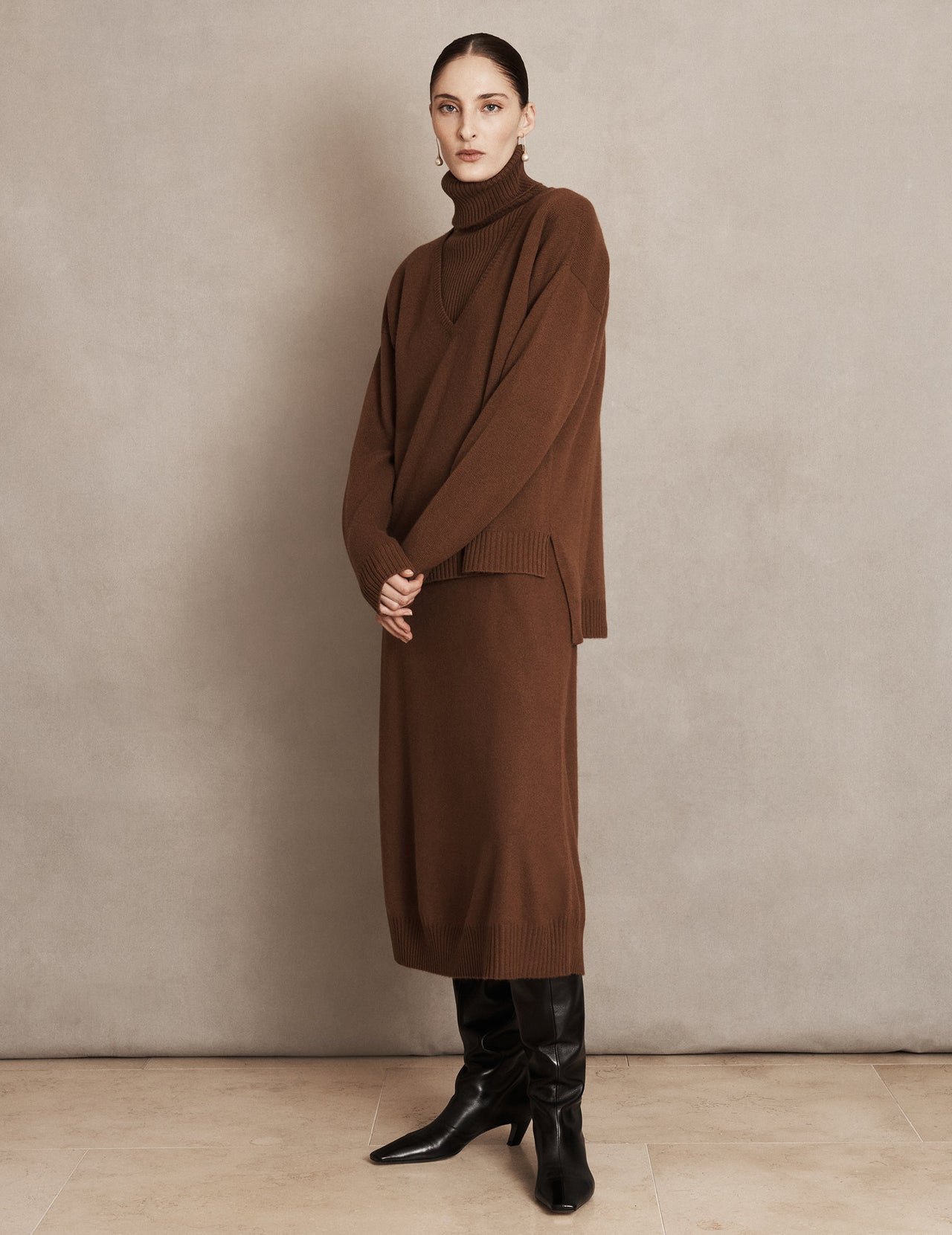  Syrup Brown Double Layer Cashmere Sweater | Varana 