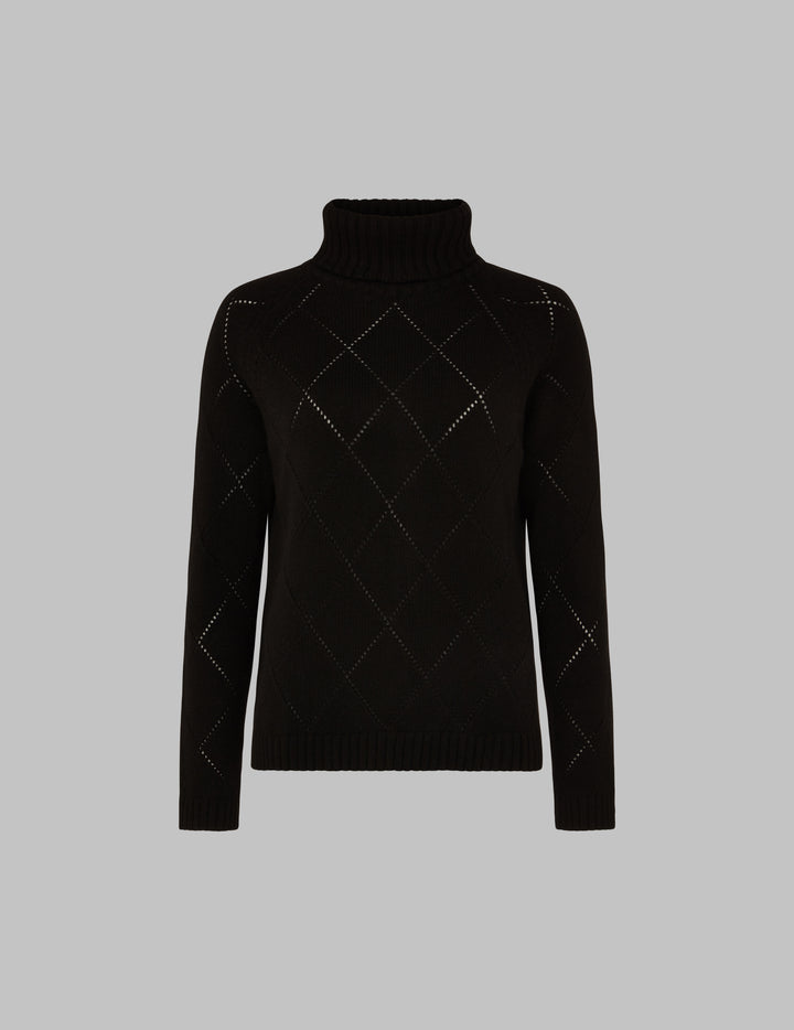 Black Cashmere Roll Neck Argyle Sweater