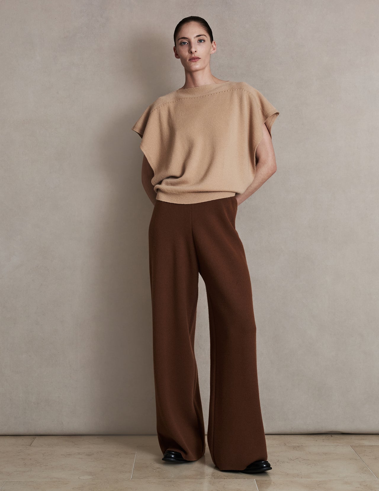  Syrup Brown Wide Leg Cashmere Trouser | Varana 