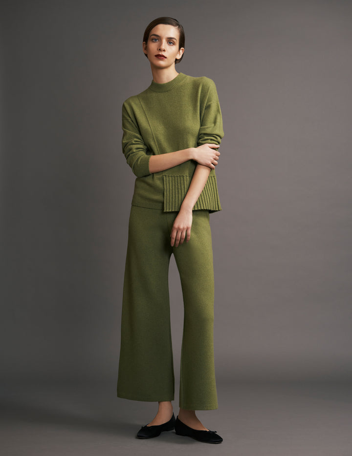Bamboo Green Cropped Cashmere Straight Leg Trousers
