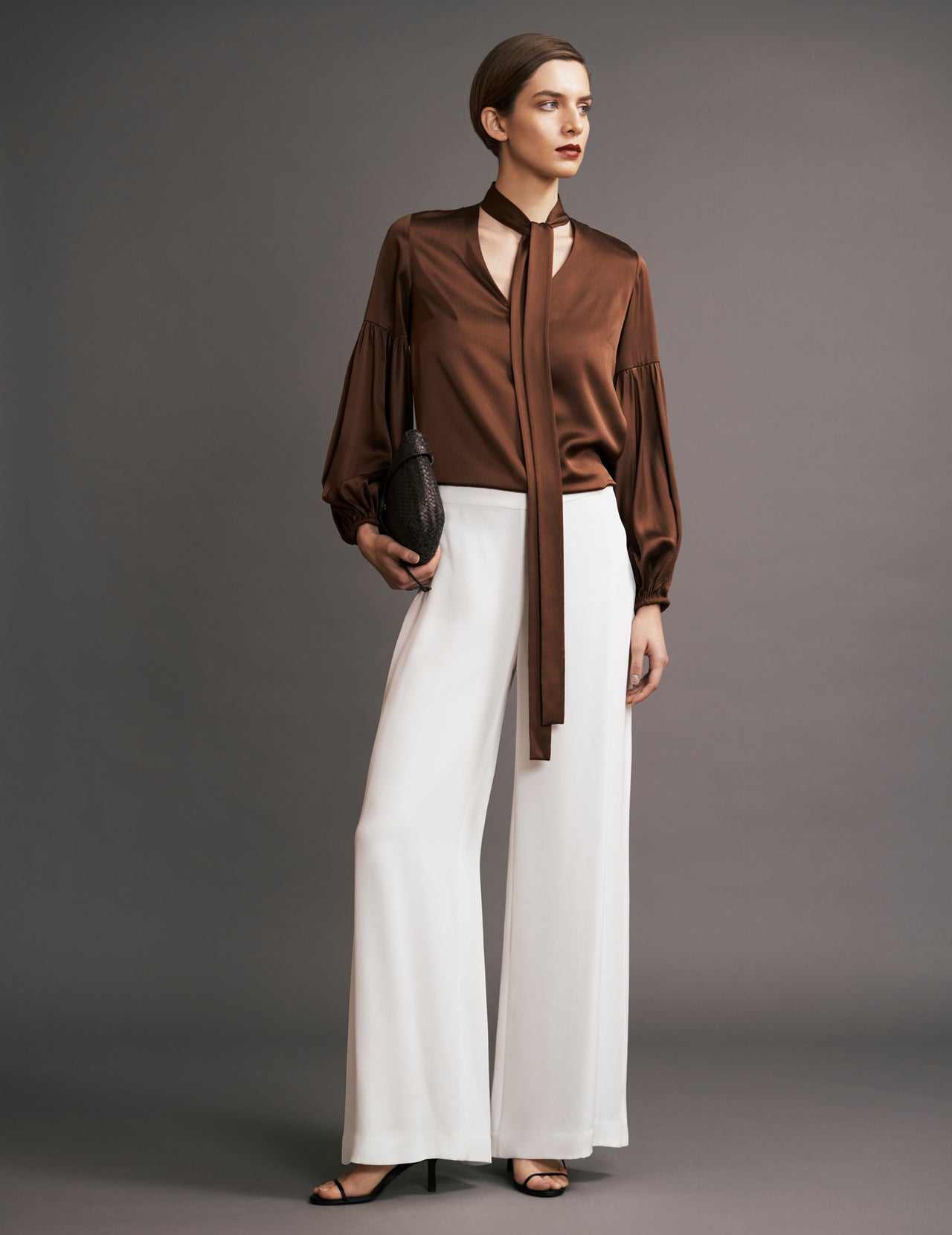  Brown Silk Satin Kelly Blouse With Neck Tie 