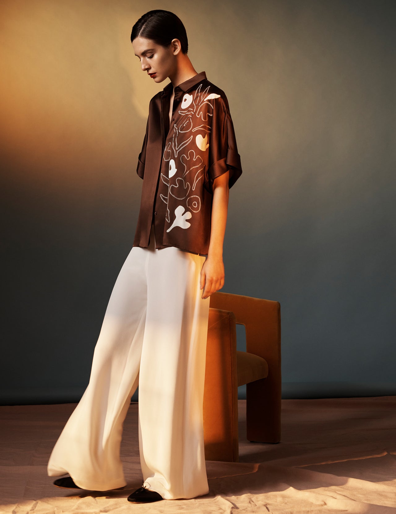  Russet Brown Silk Satin Embroidered Kimono Shirt | Varana 