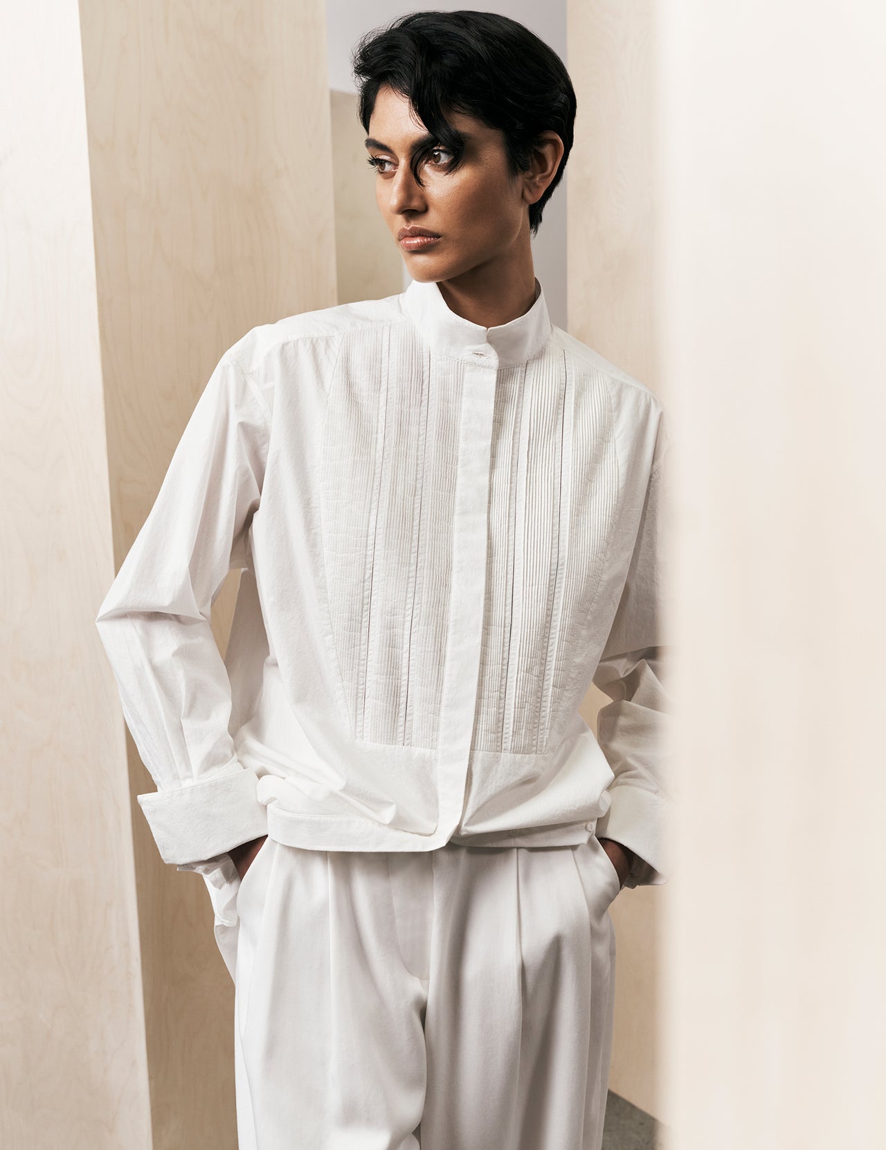  White Cotton Standing Collar Pintuck Panel Shirt | Varana 