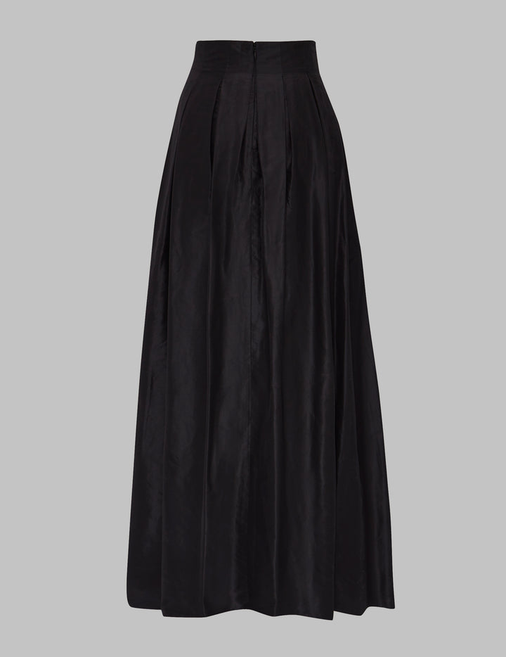 Black Silk Taffeta Pleated Maxi Skirt