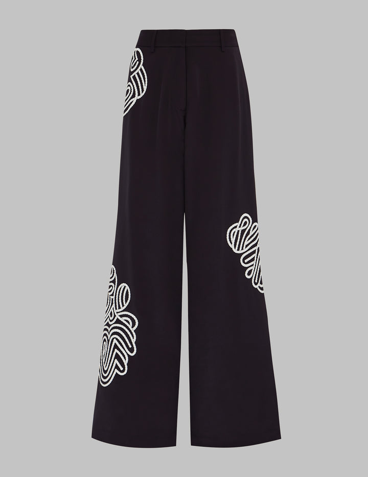 Black Silk Crepe Rabari Embroidered Wide Leg Trousers
