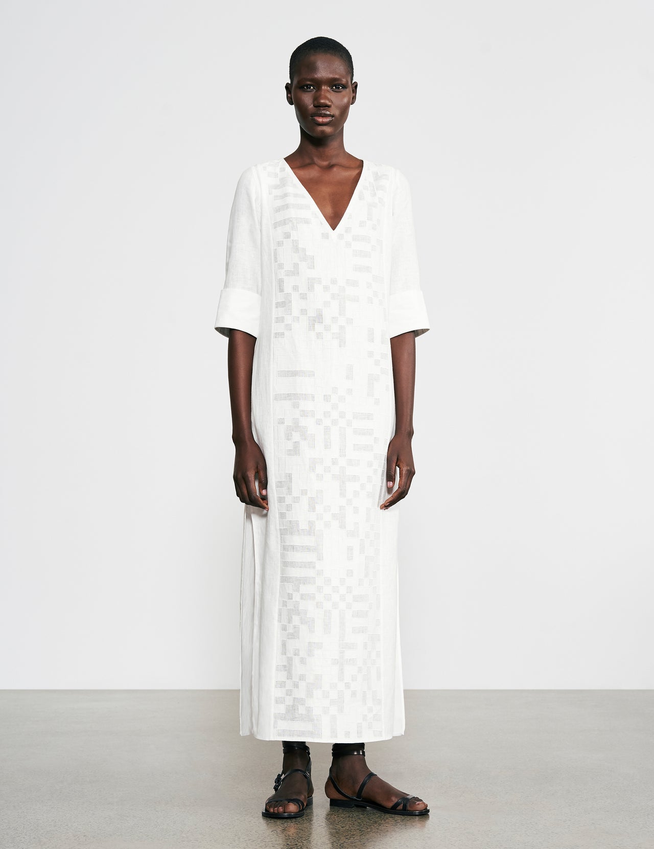  Off White Linen Maxi Dress with Jami Hand Cut Appliqué  
