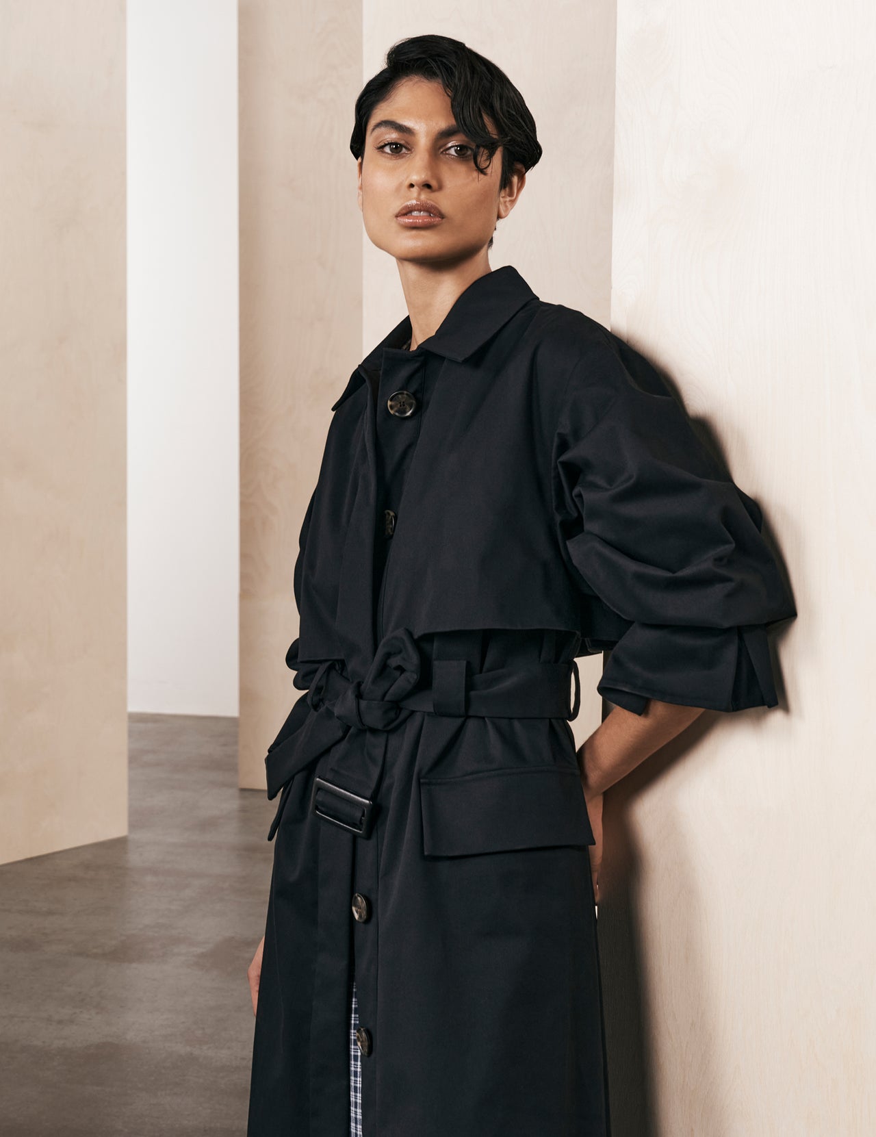  Navy Cotton Drill Serai Belted Trench Coat 