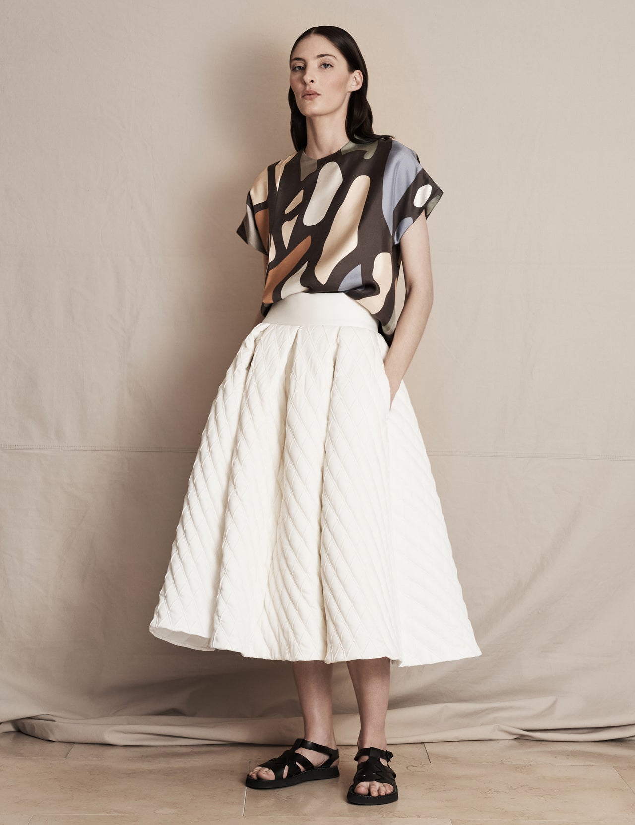  Off White Roma Quilted Skirt with Rasai Pleating 