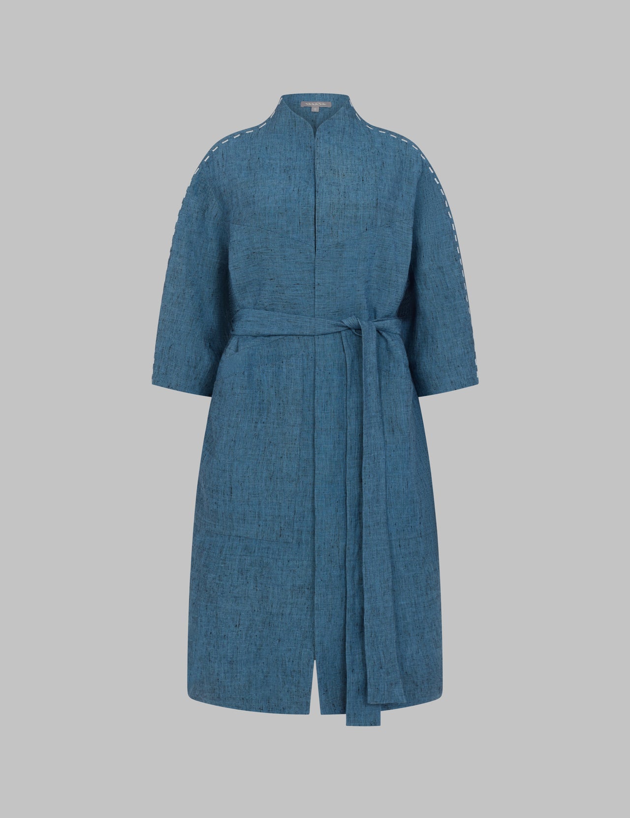  Blue Linen High Neck Bailey Cocoon Coat | Varana 