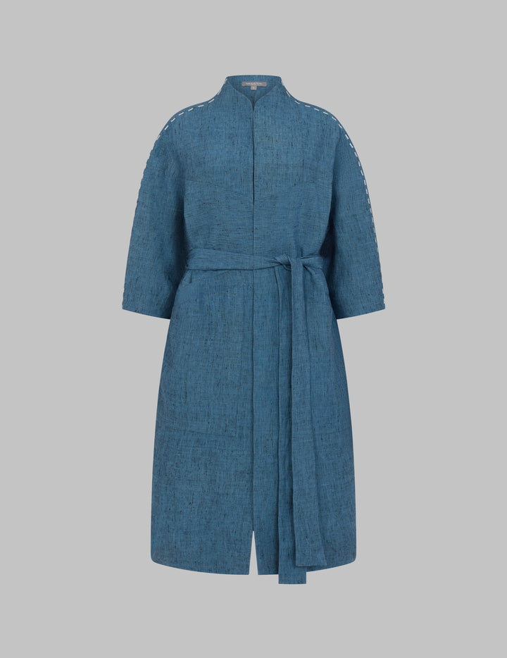 Blue Linen High Neck Bailey Cocoon Coat