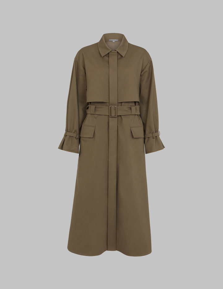 Khaki Olive Cotton Drill Belted Serai Trench Coat
