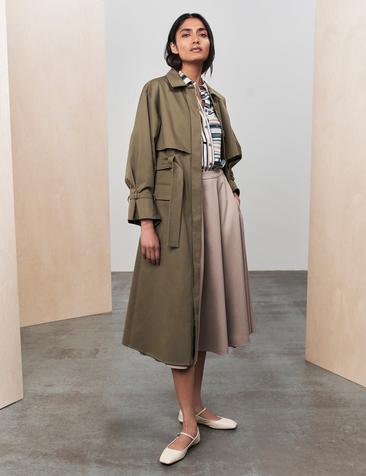  Khaki Olive Cotton Drill Belted Serai Trench Coat 