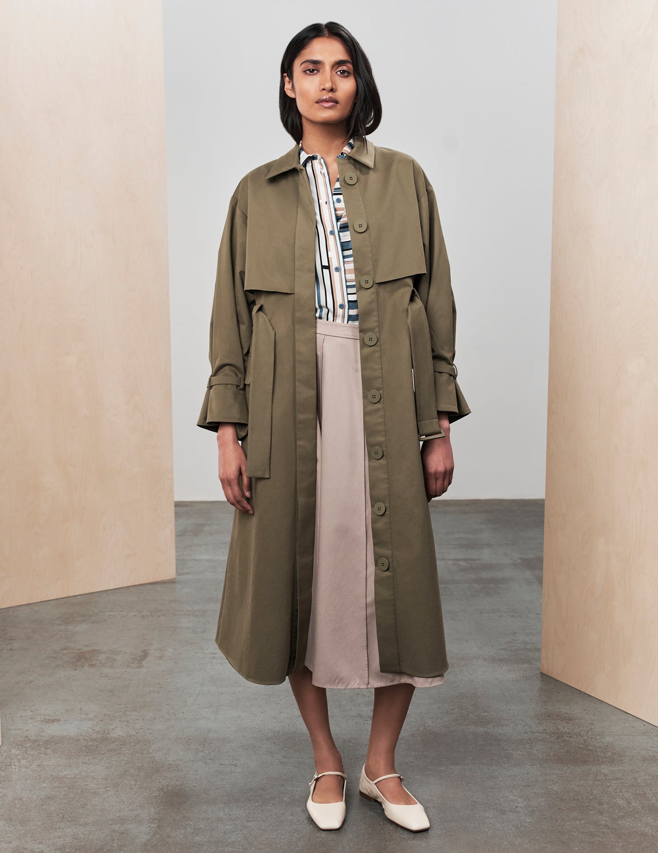  Khaki Olive Cotton Drill Belted Serai Trench Coat 