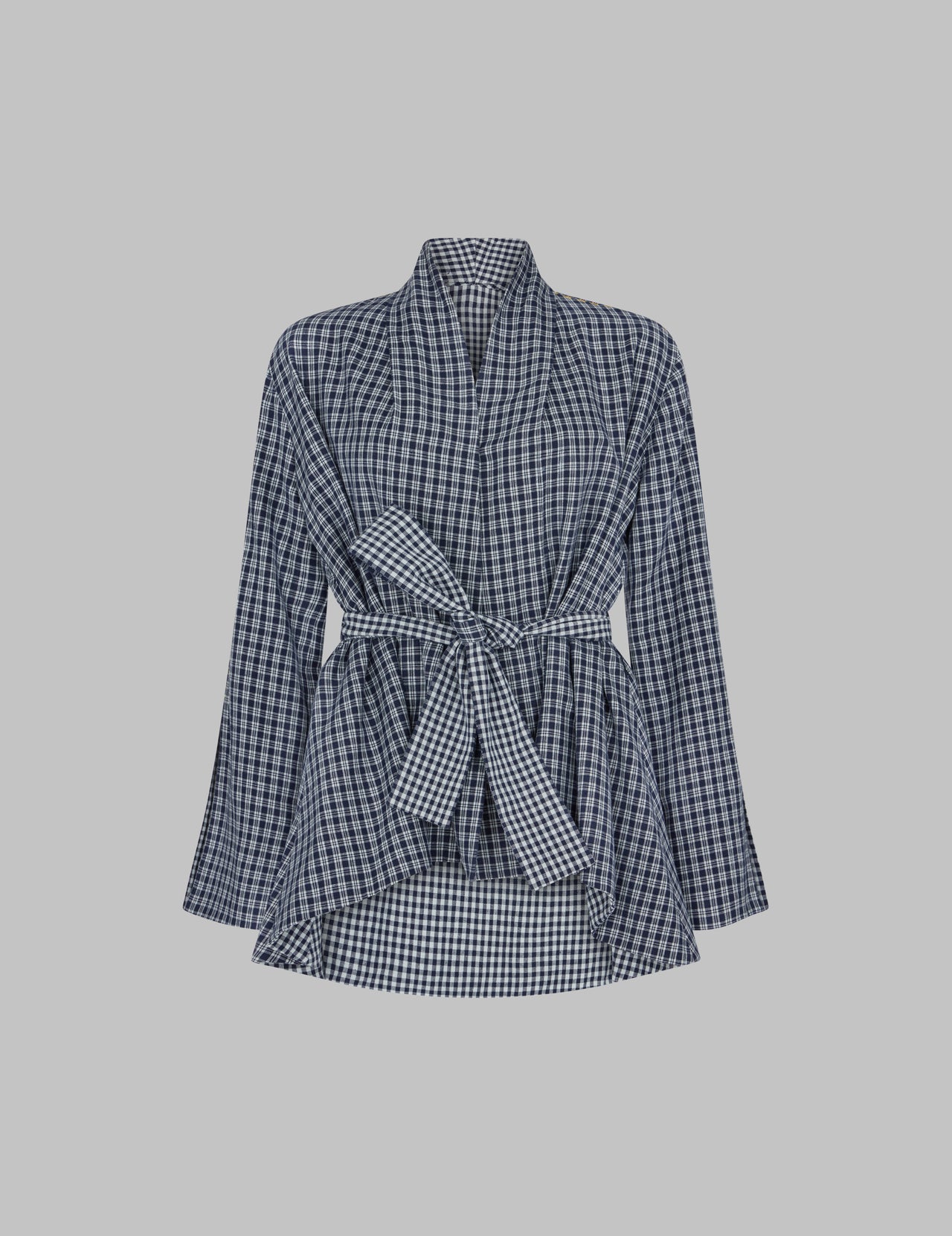  White/Navy Gingham Cotton Kimono Jacket with Belt 