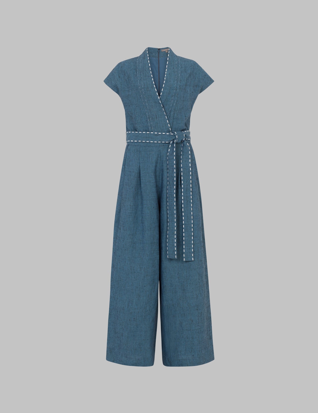  Blue Linen Kimono Belted Jumpsuit | Varana 