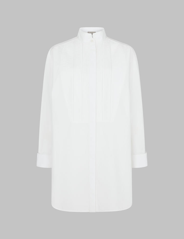 White Cotton Standing Collar Pintuck Panel Shirt