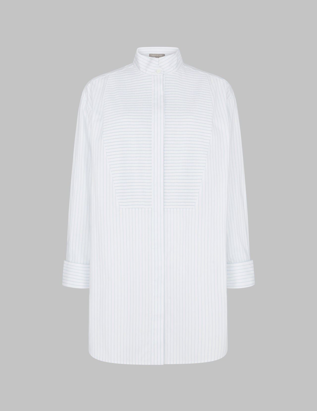  Striped Cotton Standing Collar Pintuck Panel Shirt | Varana 