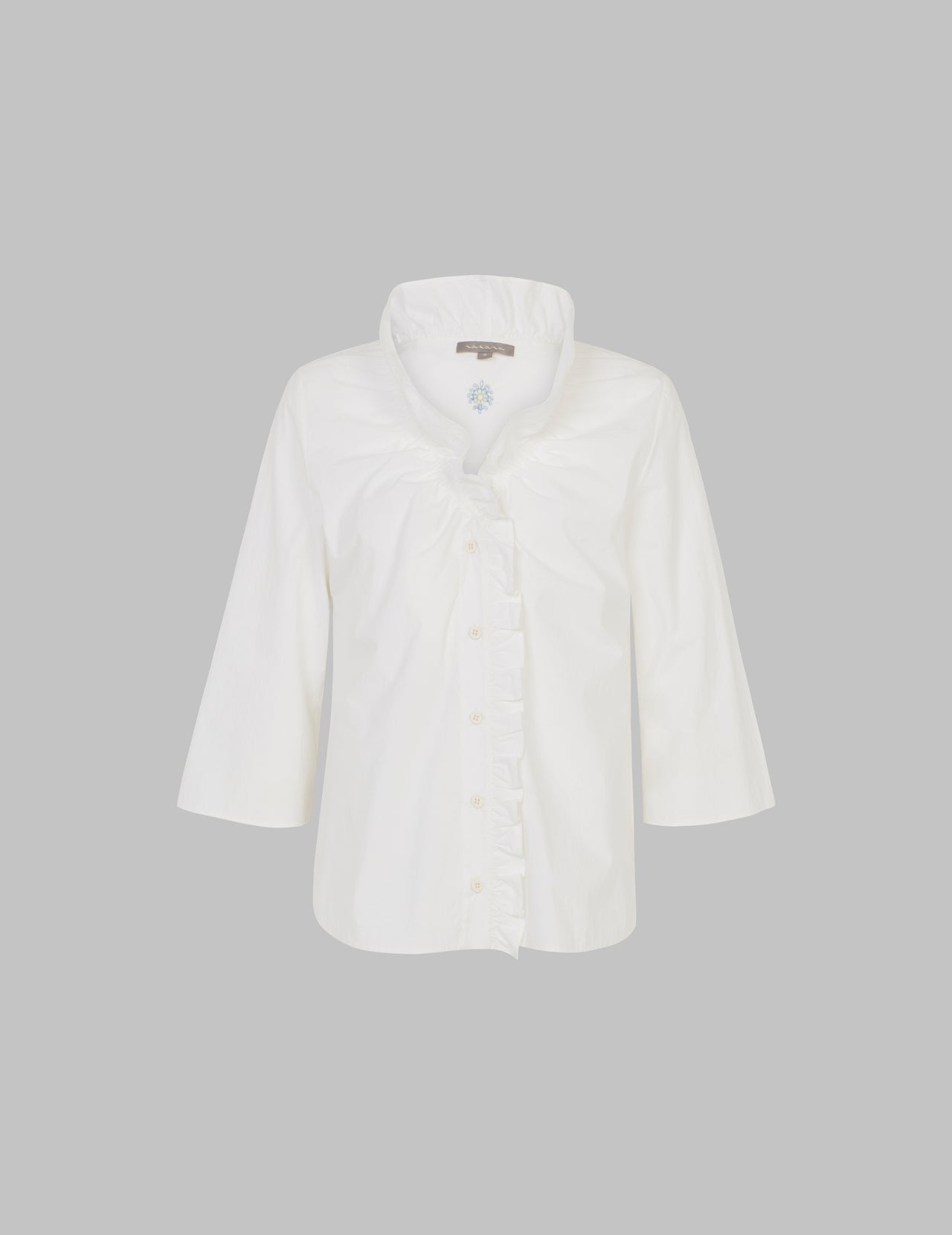  White Crush Cotton V Neck 3/4 Sleeve Ruffle Shirt 