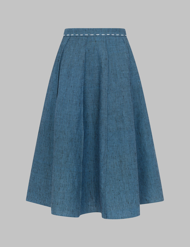 Blue Linen Hand Pleated Panel Midi Skirt