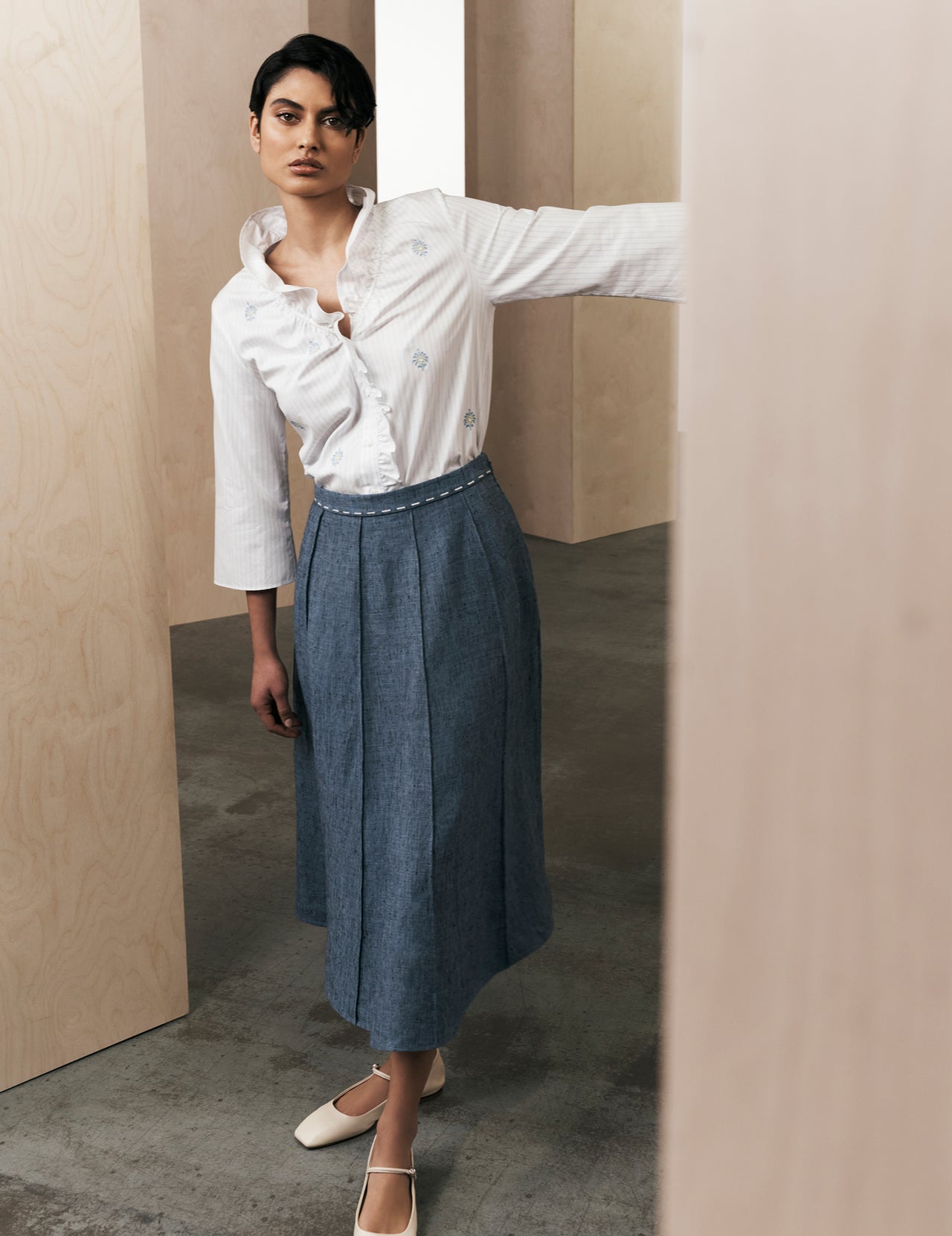  Blue Linen Hand Pleated Panel Midi Skirt | Varana 