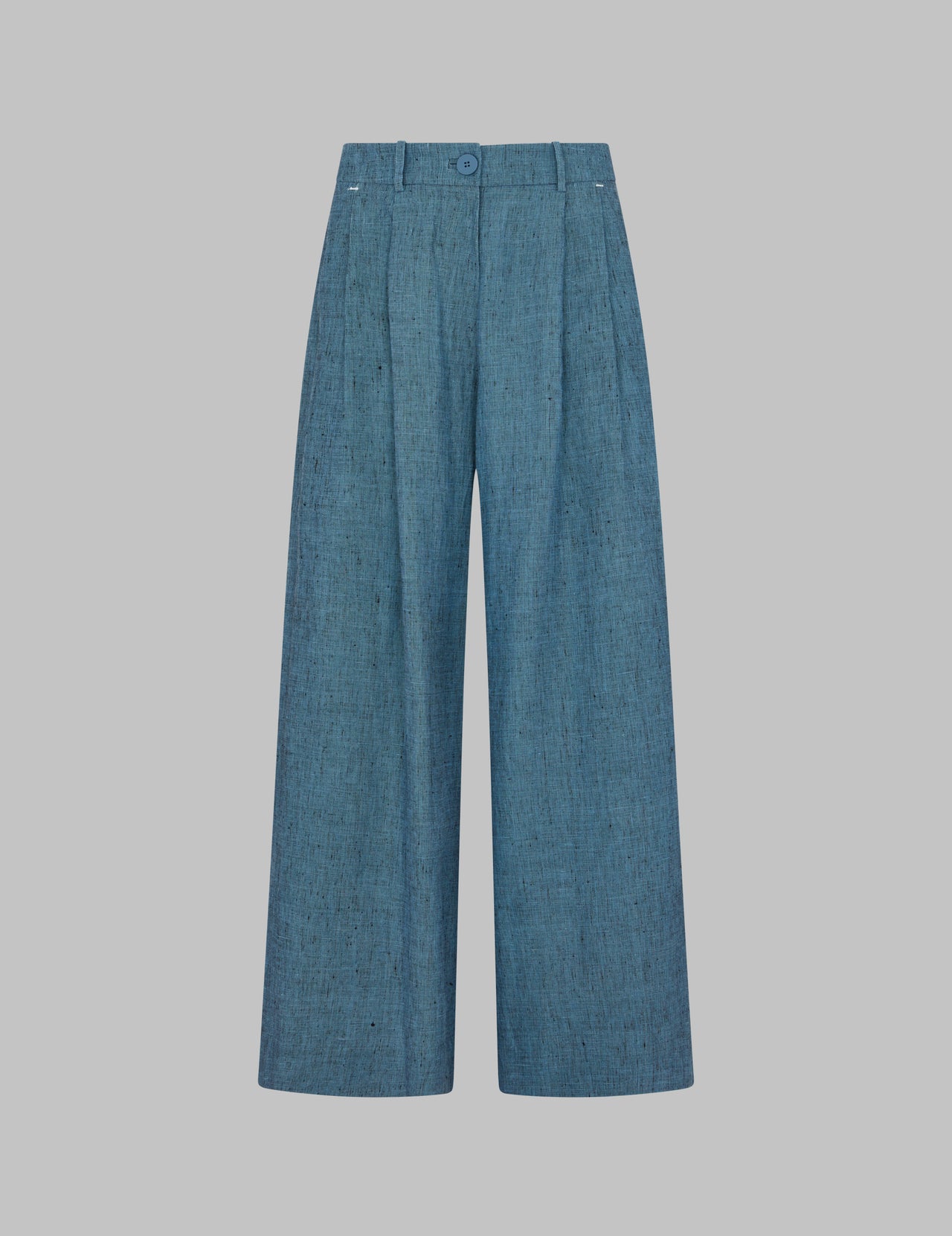  Blue Linen High Waisted Pleated Wide Leg Trousers | Varana 