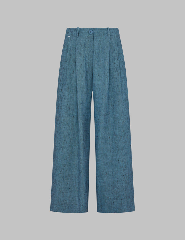 Blue Linen High Waisted Pleated Wide Leg Trousers