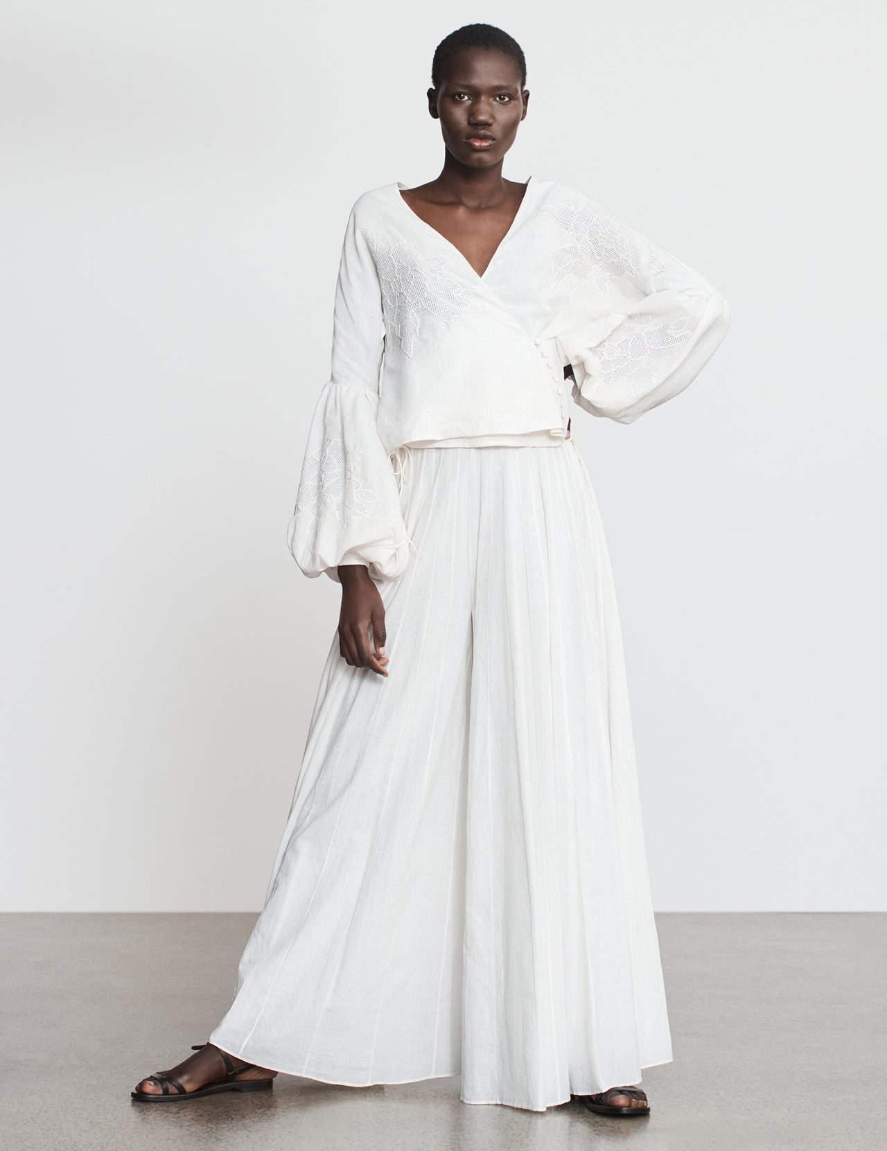  Off White Khadi Cotton Puff Sleeve Embroidered Blouse | Varana 