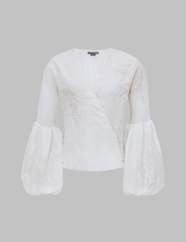 Off White Khadi Cotton Puff Sleeve Embroidered Blouse