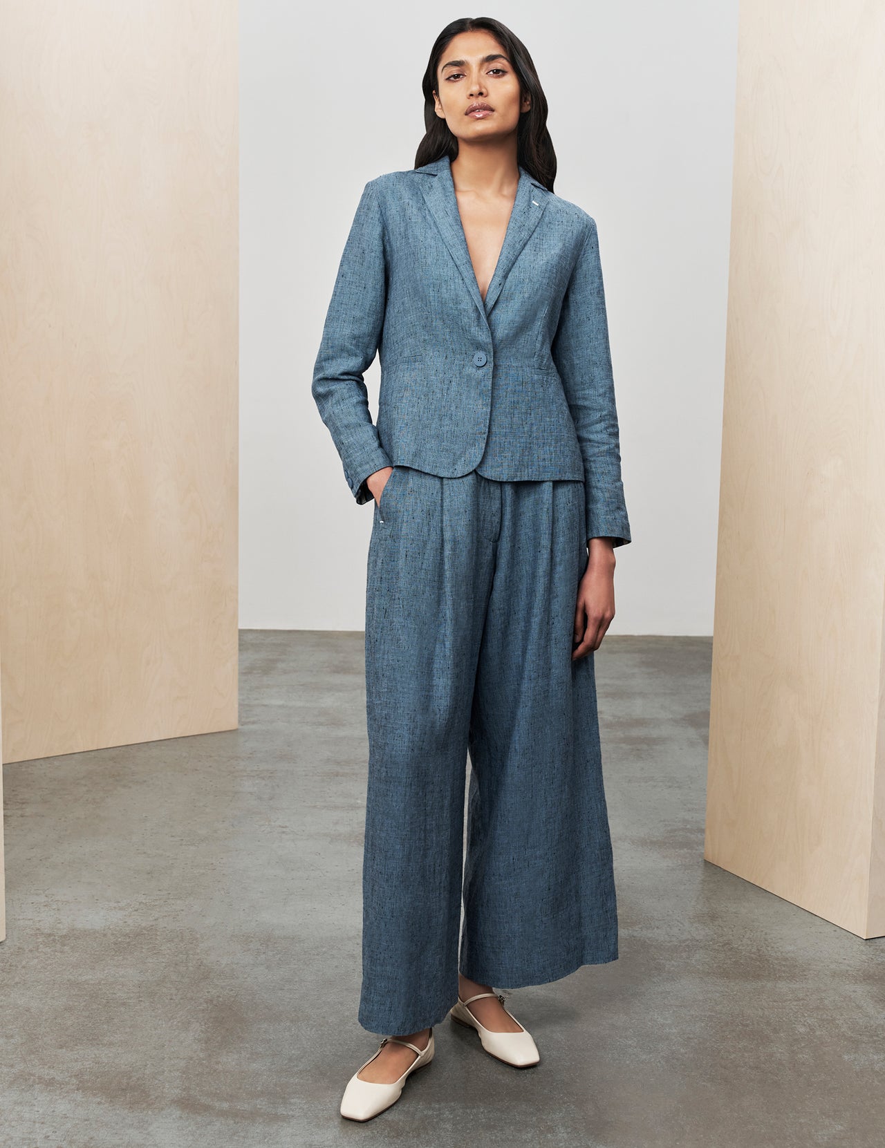  Blue Linen High Waisted Pleated Wide Leg Trousers 