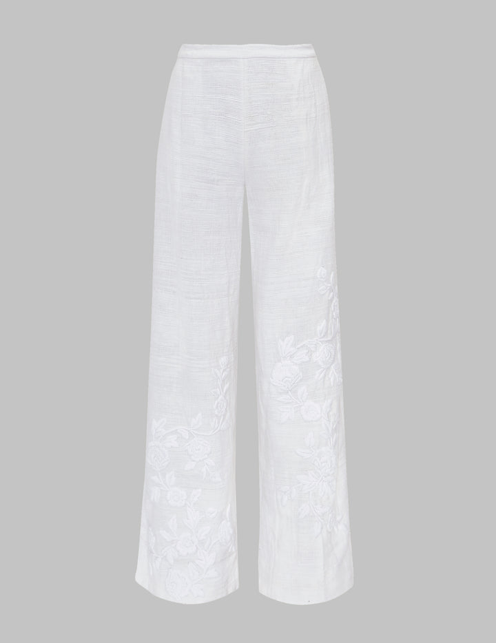 White Handwoven Khadi Cotton Embroidered Trousers